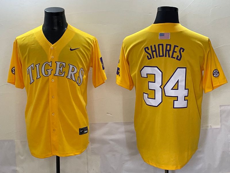 Men 2025 LSU Tigers #34 Shores Yellow Nike Joint Name Nike NCAA Jersey style 1->ncaa teams->NCAA Jersey